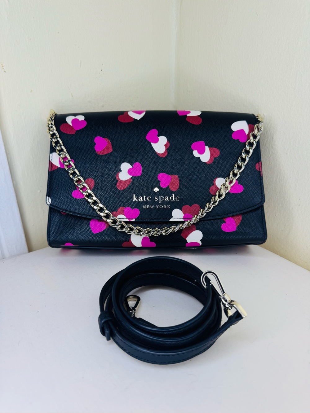 kate spade Black Crossbody with Pink, Magenta & White Heart Print